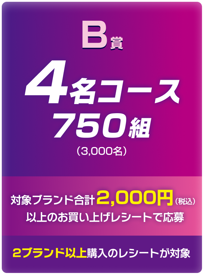 B賞 4名コース 750組（3,000名）。対象ブランド合計2,000円（税込）以上、2ブランド以上購入のレシートで応募