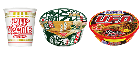 即席めん（カップ）。カップヌードル、日清のどん兵衛、日清焼そばU.F.O. など